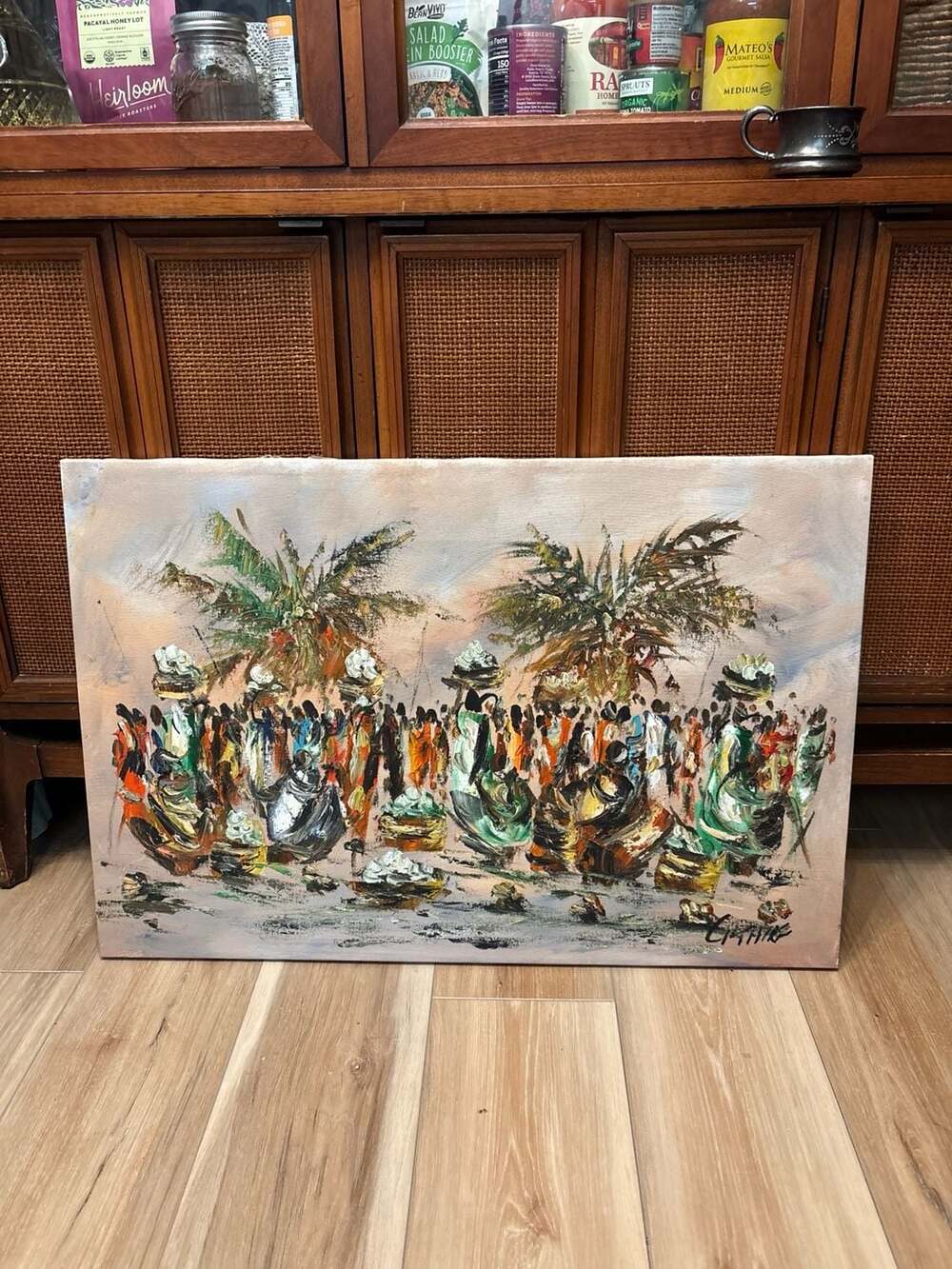 Original African Market Scene Impasto Oil Painting on Canvas